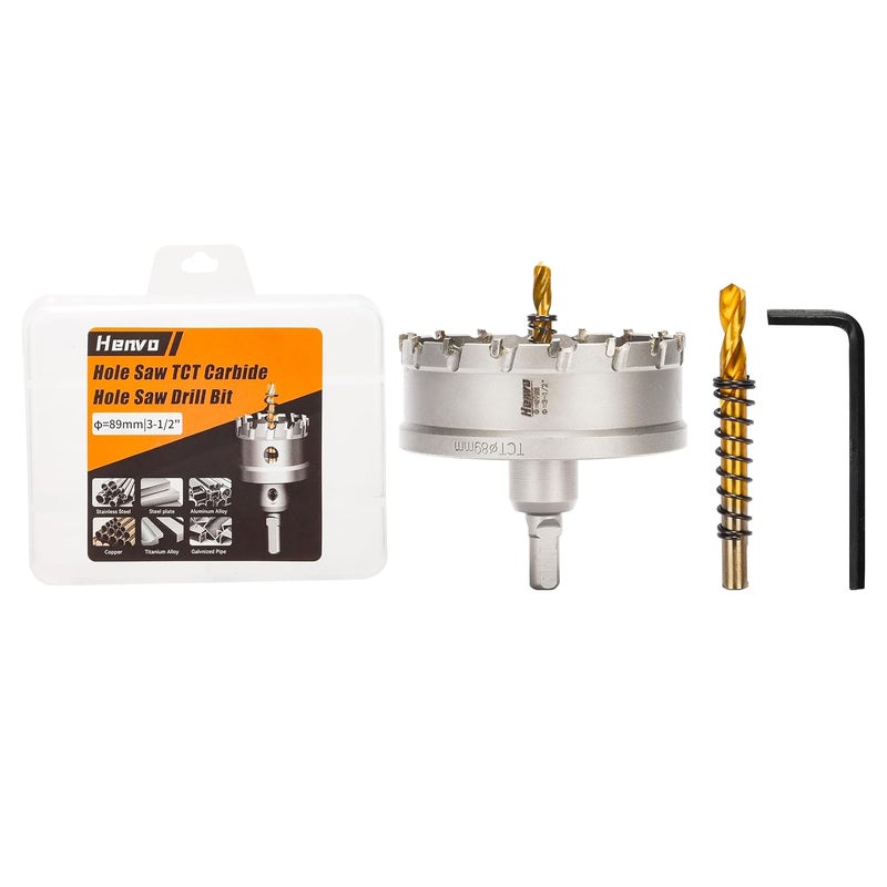 Henvo Hole Saw 3-1/2" (89mm) Heavy Duty Carbide with 2 Pilot Drill Bits - Metal Hole Cutter Cuts Stainless Steel, Iron, Copper, Brass, Plastic - Image 1